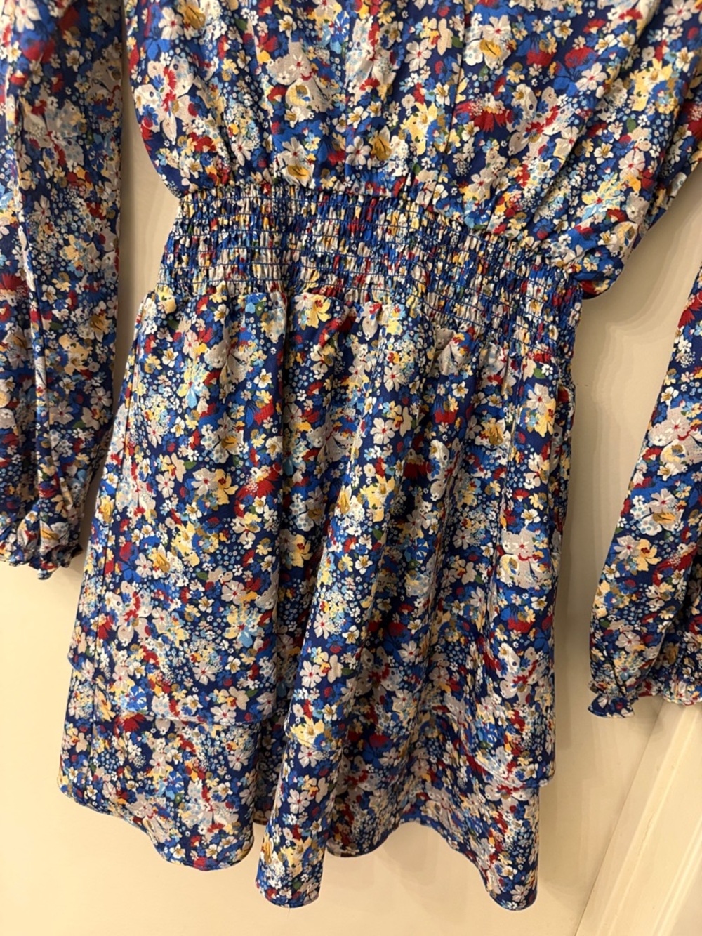 NSR - Blue Floral Long Sleeve Smocked Waist Dress - XS - like new - Picture 4 of 7